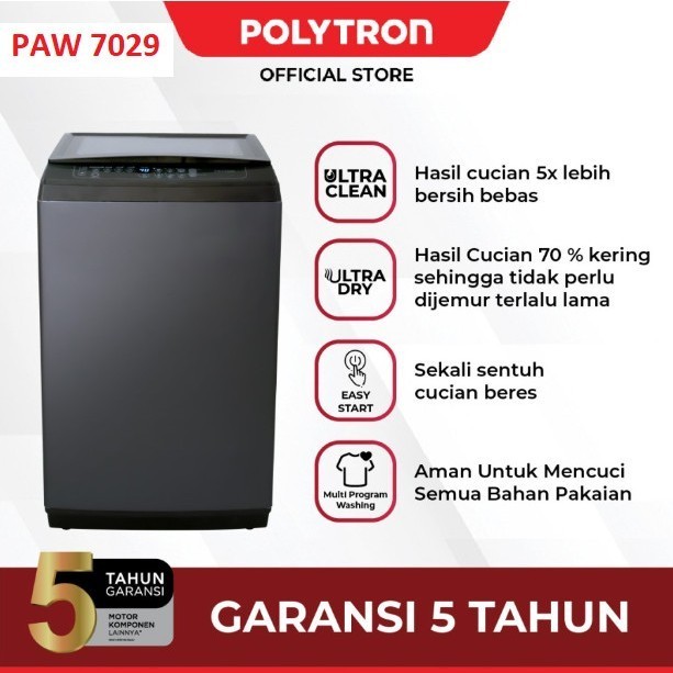 Polytron Mesin Cuci 1 Tabung 7Kg Zeromatic PAW 7029 Ultra Clean 7029Y Otomatis