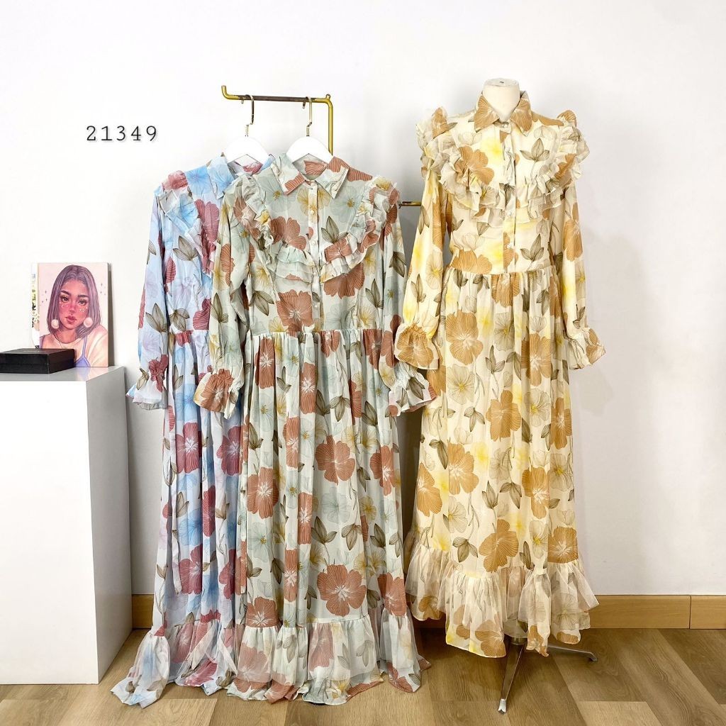 MAXI CERUTY RUFFLE DADA VARIASI KERAH V MIX PEARL BUTTON DEPAN LENGAN BALON PREMIUM WANITA TERUSAN L