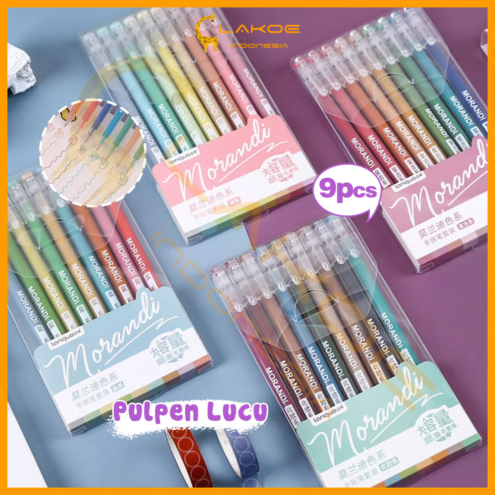 

LAKOE 9pcs/set pulpen gel warna warni Pulpen Gel Aesthetic 0.5mm Pen Alat Tulis