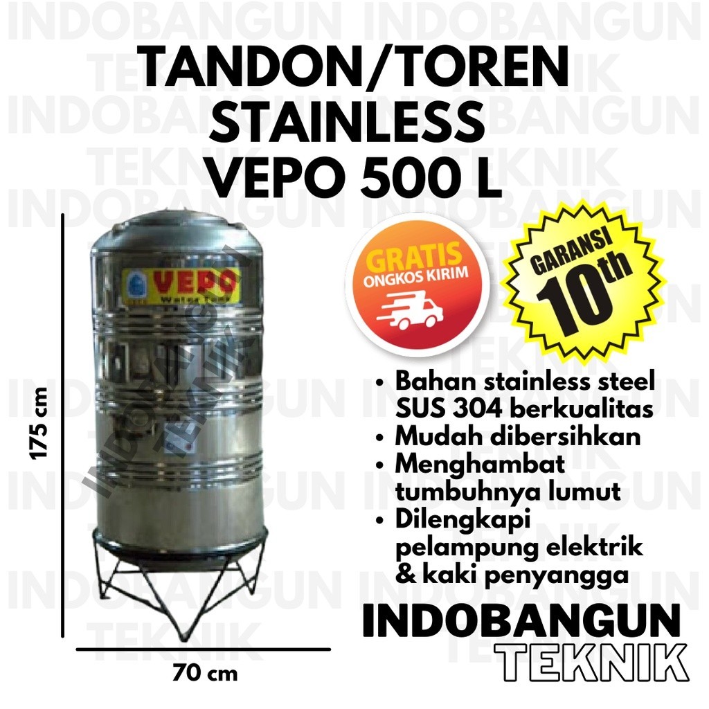 Tandon Air Toren Air Tangki Air Stainless Vepo 500 Liter Harga Murah Stenlis Stainles Steel Anti Lumut Garansi 10 Tahun Kuat Tahan Lama