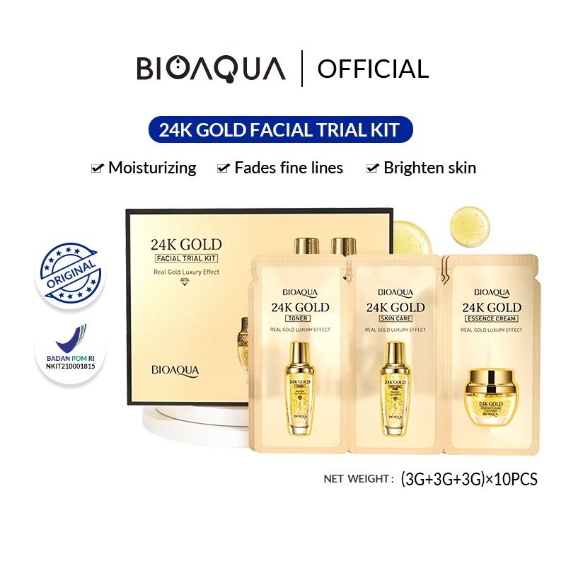 - BIOAQUA 24K Gold Facial Trial Kit Paket Skincare Sachet ( Gold Toner 3g + Gold Serum 3g + Essence 