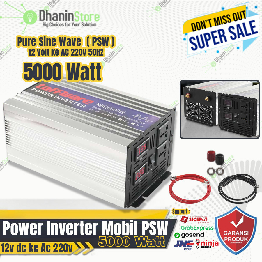 Car Power Inverter Mobil Taffware Setrum Aki Dc 12v Ke Ac 220v 50Hz 5000 Watt PSW Pure Sine Wave Sin