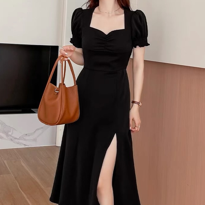 summer korean style midi dress terbaru 2024 hitam Wanita Lengan Pendek princess dress formal