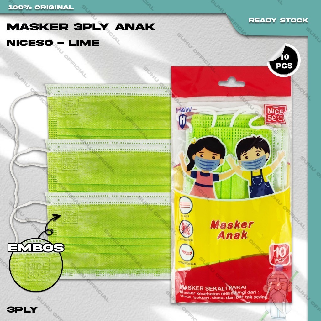 Masker Anak Medis 3Ply NICESO Isi 10Pcs Warna Lime 3 Ply Earloop Surgical Mask Kemenkes