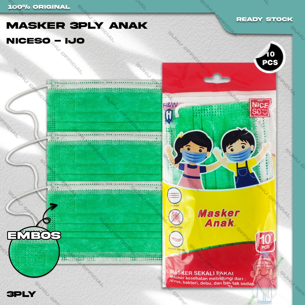 Masker Anak Medis 3Ply NICESO Isi 10Pcs Warna Hijau Green 3 Ply Earloop Surgical Mask Kemenkes