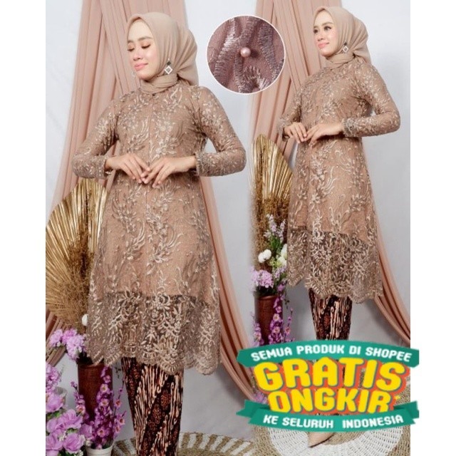 Setelan Kebaya Tunik Brukat Set Brokat Baju Kondangan Wanita Muslimah Panjang Jumbo Wisuda/ Menyala