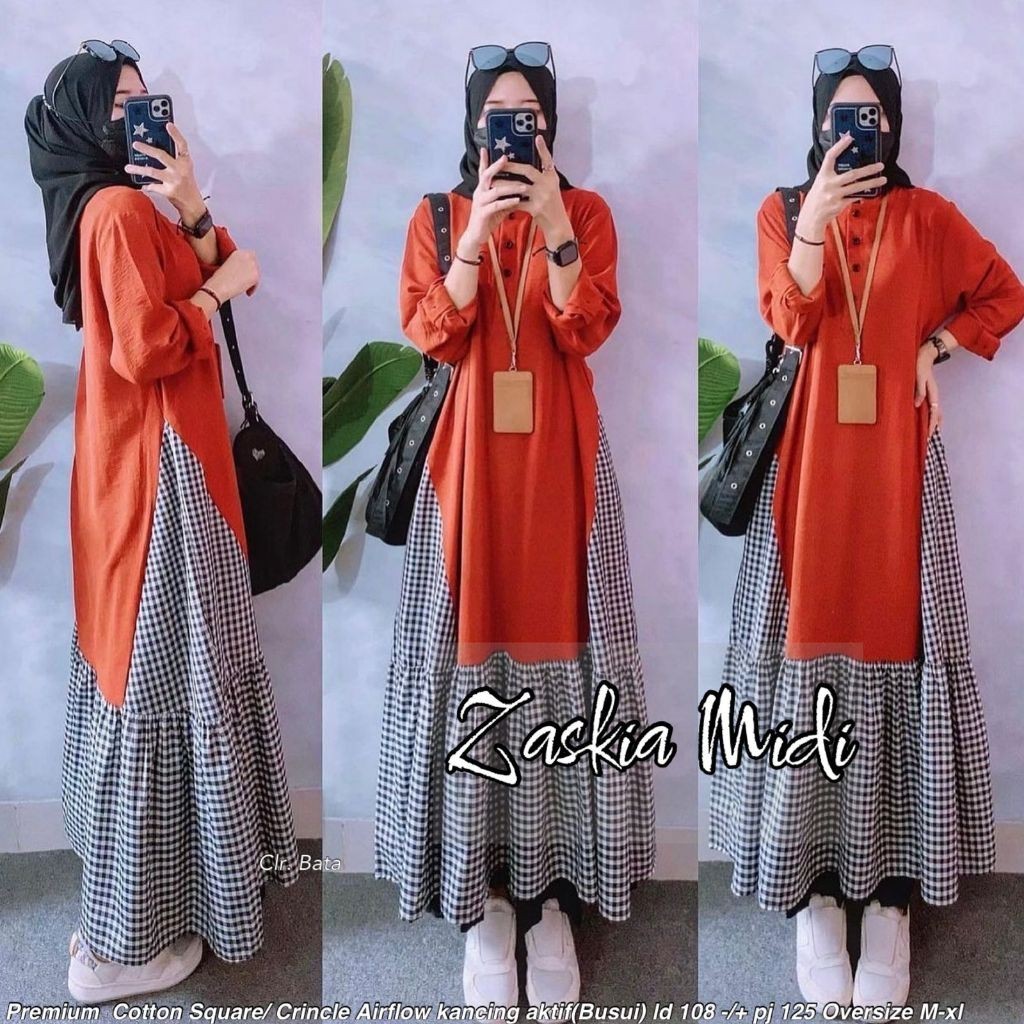 Midi Dress Knit Kombinasi Katun Kotak/Zazkia Midi/Dress Wanita Muslim/Midi Dress Wanita Lengan Panja