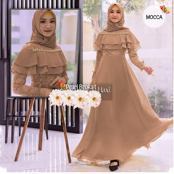 Gamis XL dress Runita mocca busana muslim wanita brukat pearl rum at -Agr