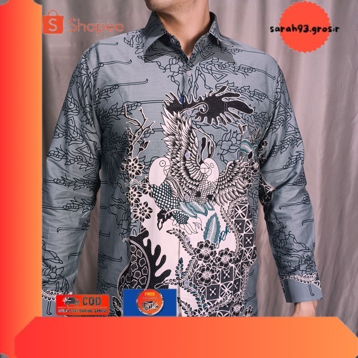 ✨BESTSELLER✨ -Kemeja Batik Pria Salice Paolo Panjang Reguler Katun Full Motif Jatayu - Jatayu Abu, M