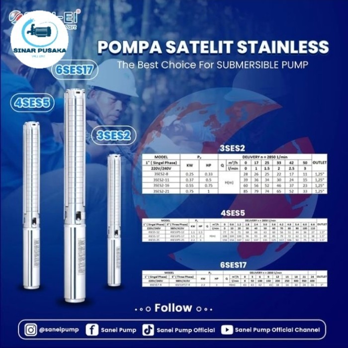 POMPA SATELIT SUBMERSIBLE SANEI 1 HP 3SES 2-21 IMPELLER STAINLESS