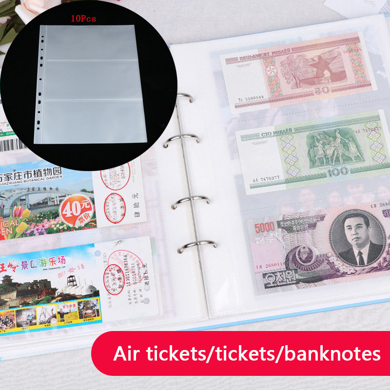 

10pcs Loose Leaf Sheet 3-Slot Transparent Banknotes Holder Portable Paper Money Protective Bag Paper Money Collection Album