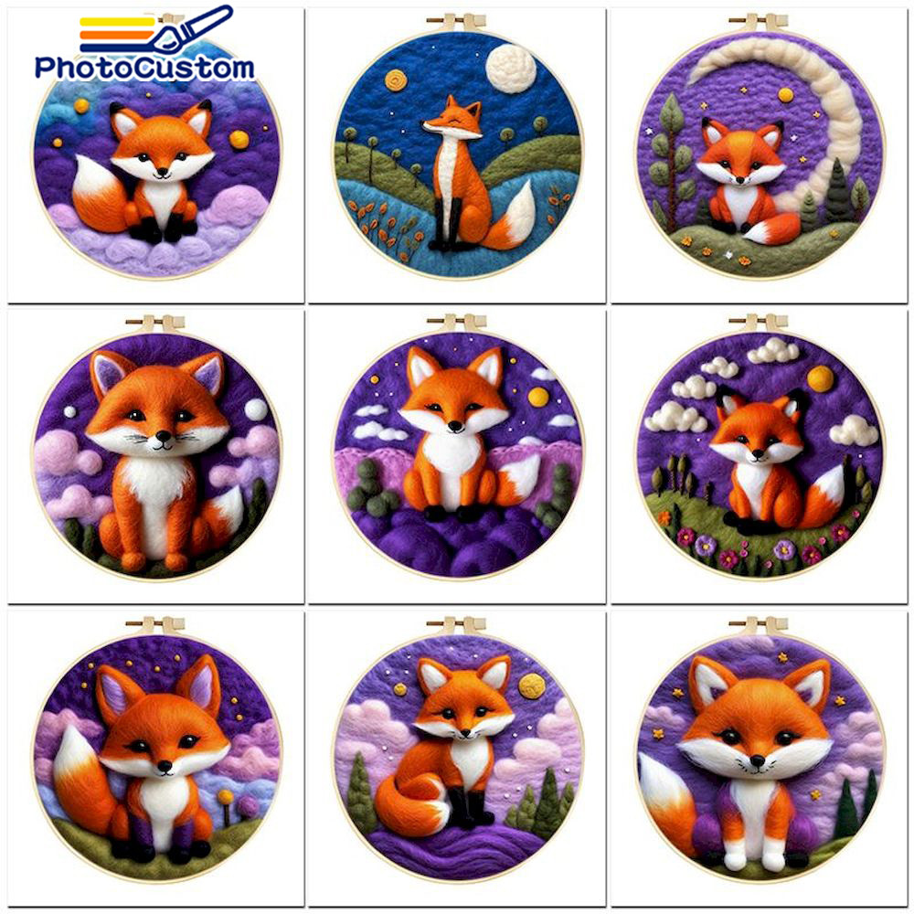 

PhotoCustom 20x20cm Frame DIY Wool Felting Painting With Complete Kit Animal Fox Wool Needle Felt Picture Kit For Beginner Diy