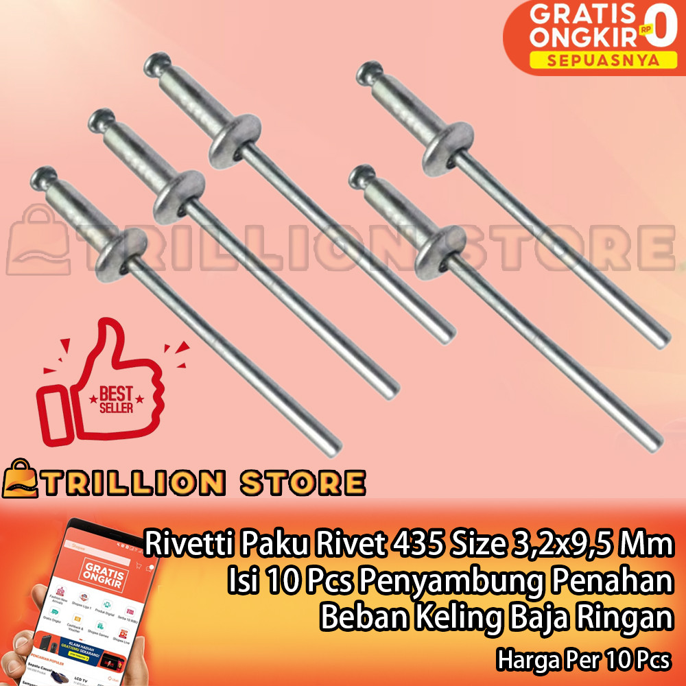 Rivetti Paku Rivet 435 Size 3,2x9,5 Mm Isi 10 Pcs Penyambung Penahan Penahan Penguat Material Alat K