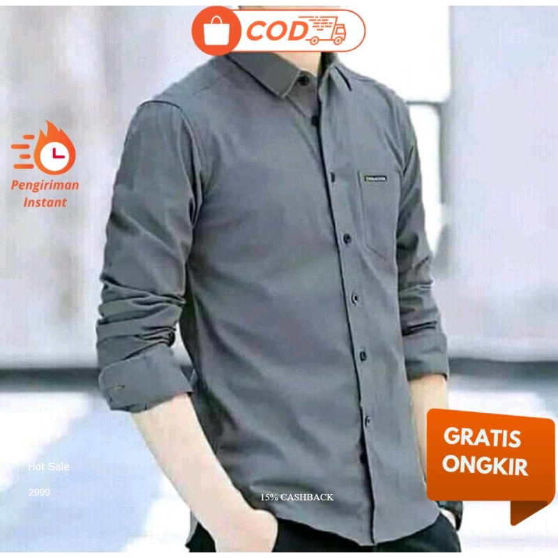 Hurley Kemeja Pria  Kemeja Cowok Polos Lengan Panjang Slimfit Hem Warna Abu Abu Panjang