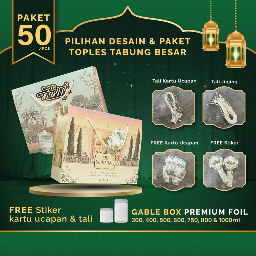 

50 PCS Gable box kotak hampers lebaran idul fitri toples tabung besar premium finishing foil gold timbul ukuran (27x9x21,6 cm) muat toples tabung (300ml, 400ml : 6 toples) atau (500ml, 600ml, 750ml, 800ml dan 1000ml : 3 toples)