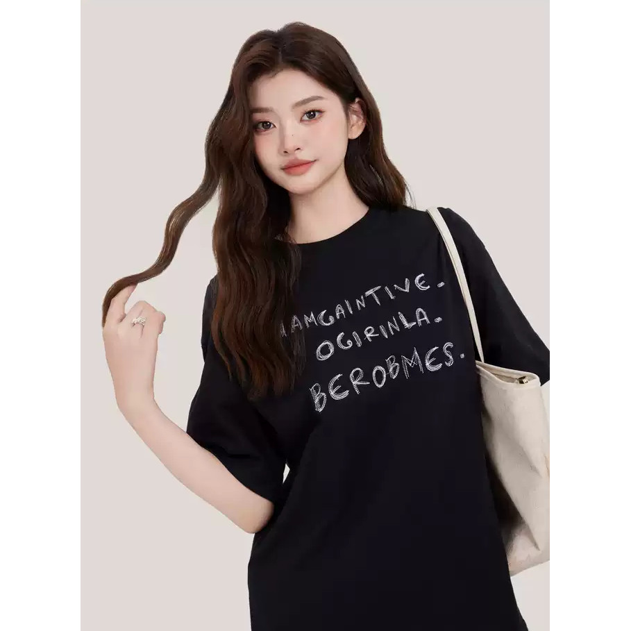SELARA Wanita Oversize Manis keren trim panel longgar T-shirt wanita huruf hitam kasual panjang ramp