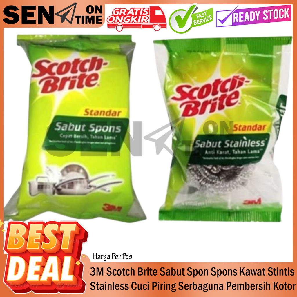 3M Scotch Brite Sponge Spon Sabut Cuci Piring Spon Spons Standard Standar Busa Stainless Noda Hijau 