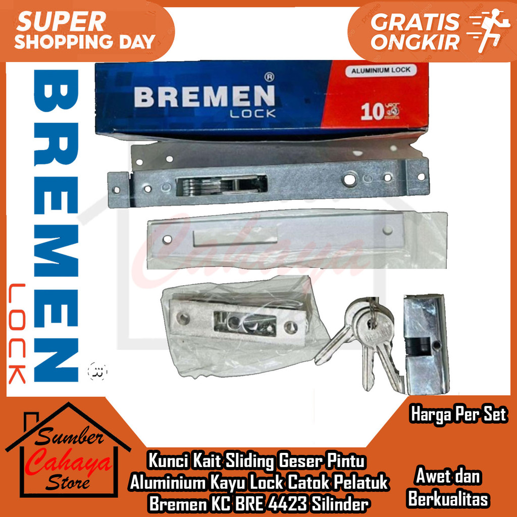 Bremen KC BRE 4423 Kunci Kait Sliding Geser Pintu Aluminium Kayu Lock Catok Pelatuk Silinder Cilinde