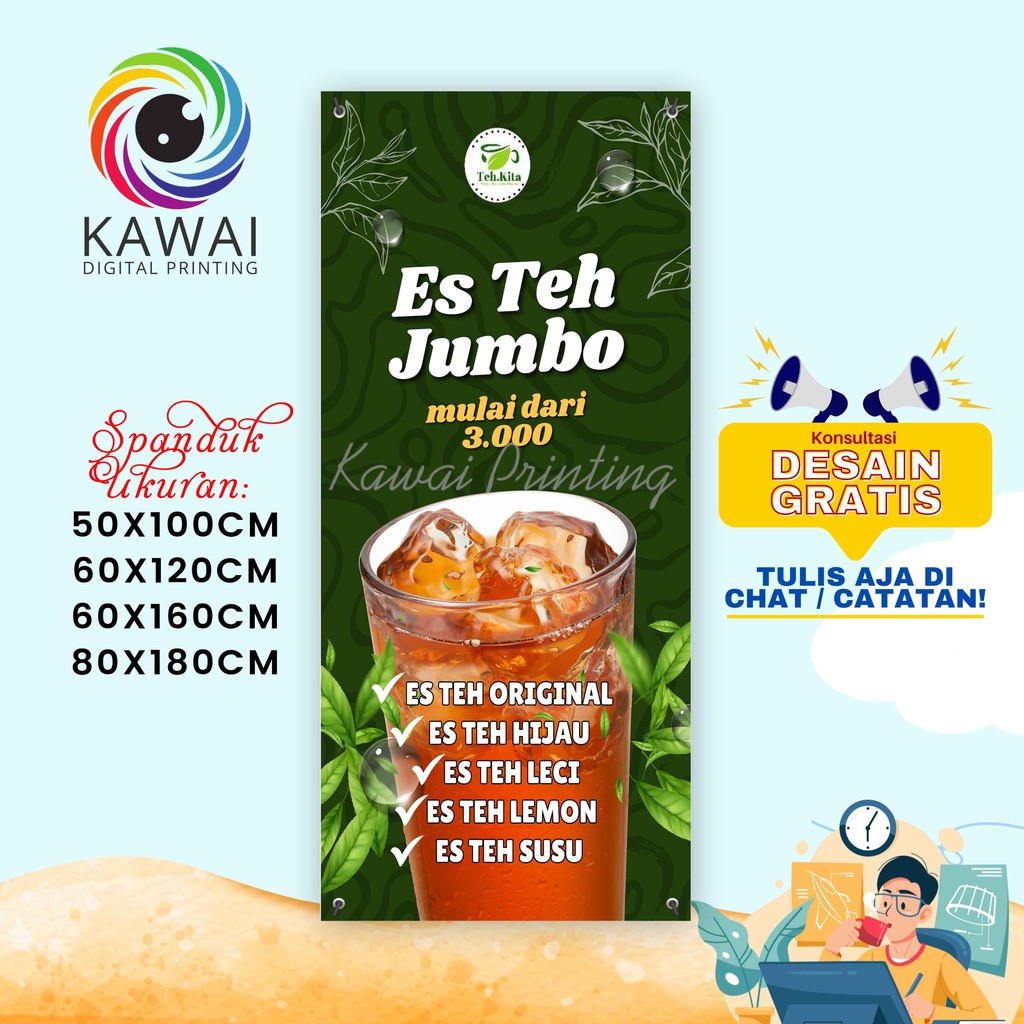 Spanduk Banner MMT Jualan Minuman Es Teh Jumbo Hijau 3000 Ukuran 60x160