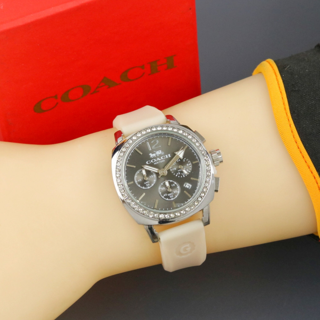 PROMO, Jam Tangan Wanita Coach-NY Permata Tali Rubber Body Silver Plat Hitam Chrono Tanggal Aktif Bo