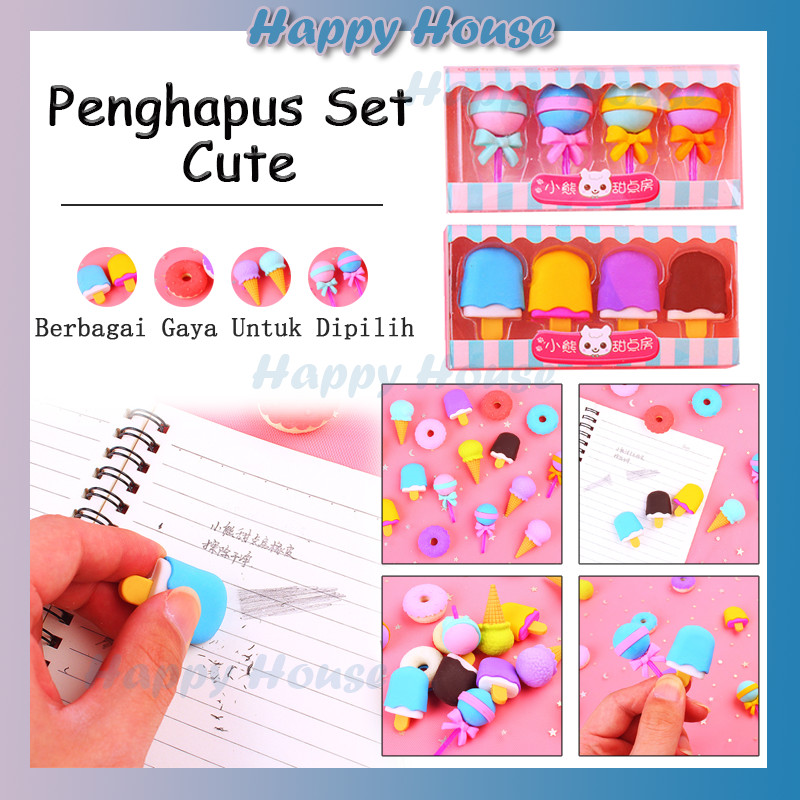 

4 IN 1 Penghapus Model Ice Cream Donat Lollipop Popsicle / Penghapus Pensil Karakter Lucu