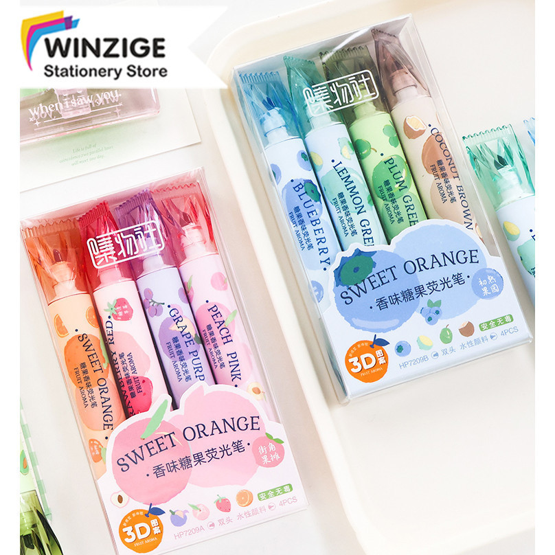 

Winzige 4pcs Fruit Scented Highlighter Stabilo Pastel Spidol Warna Warni Morandi Highliter Dual Tip Lucu Journal Marker Pen Alat Tulis Stationery