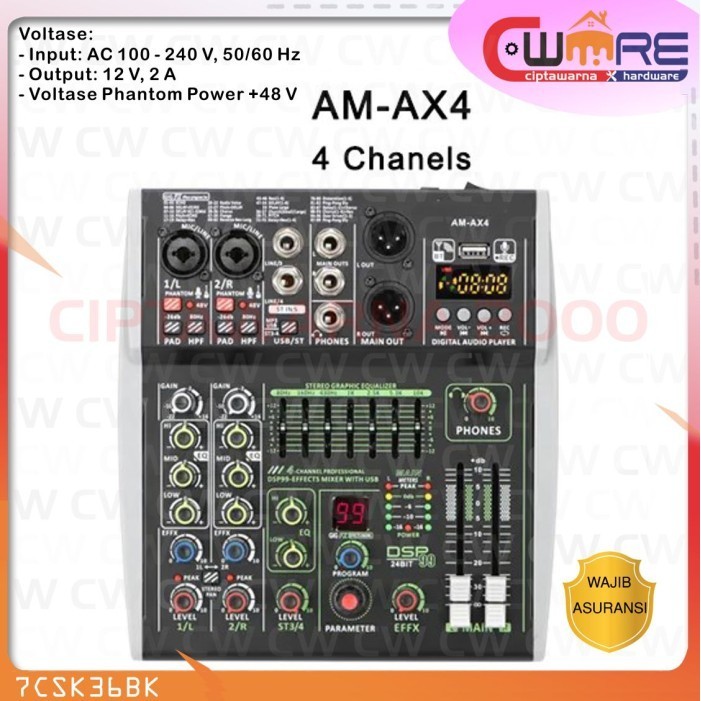 Mixer Audio Digital 4 Channel Audio DSP 99 Effects Bluetooth - BDB CW2H