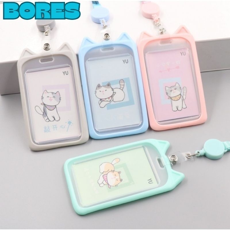 

BORES Name Tag Lanyard Gantungan Kartu Motif Kucing Akses MRT Busway E-Money Flazz BRIzi Bentuk Karakter Warna Pastel Lanyart Card Holder Id Card