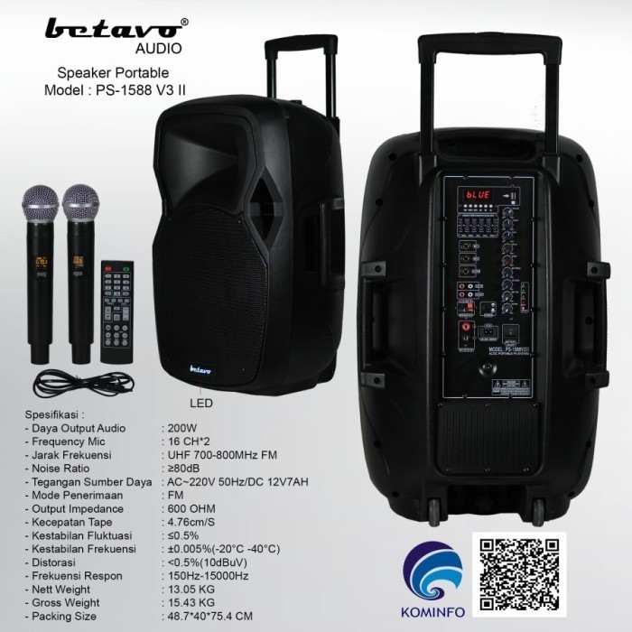 Speaker Portable Betavo Ps 1588 V3 Il 15 Inch 2 MIC WIRELESS