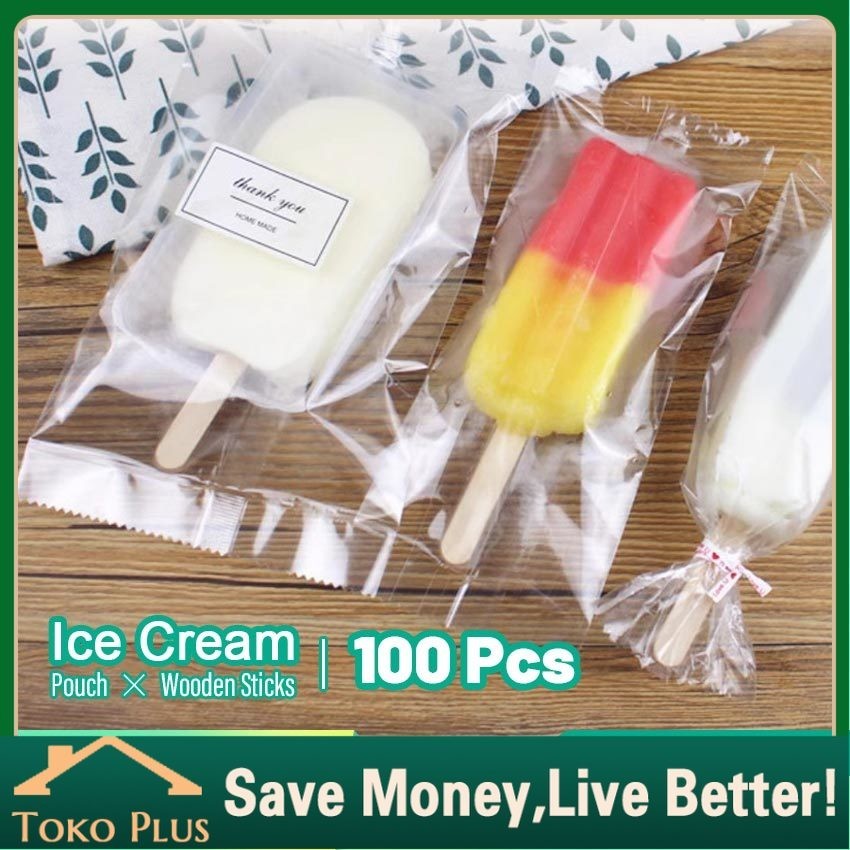 100Pcs Plastik Ice Cream Popsicle Polos Bening Es Krim Stick Ice Cream Stik Kayu Es Krim Bungkus Kem