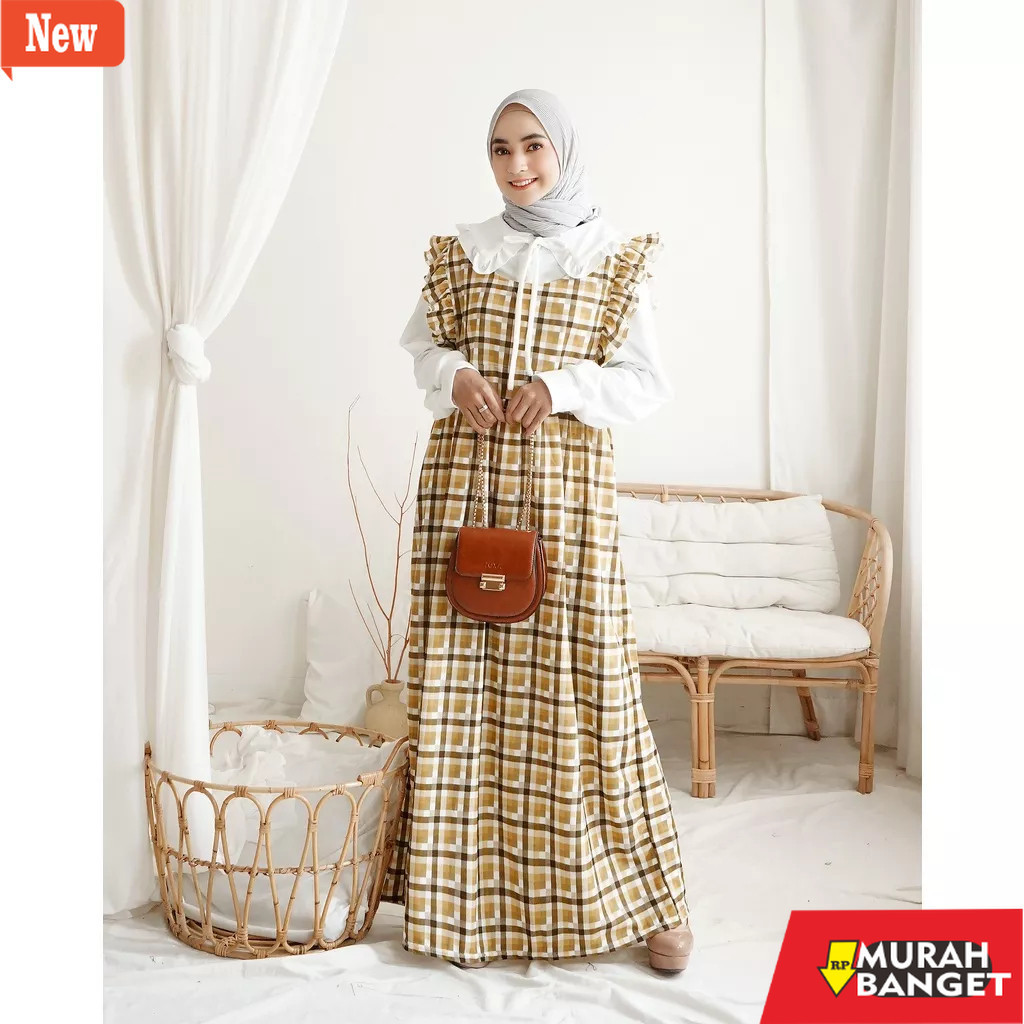 Jumpsuit Wanita Kekinian Lilia Overall Set - Gamis & Inner Motif Salur Garis Stripe Kotak Grid Plaid