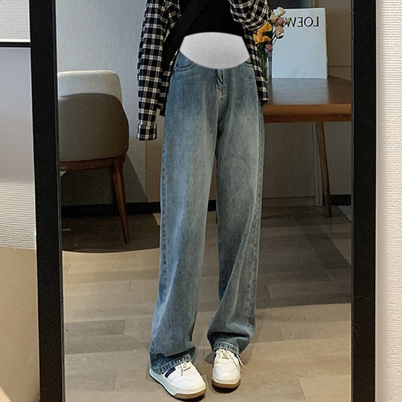 9513 # Musim Gugur Denim Bersalin Lurus Jeans Panjang Lebar Kaki Longgar Pinggang Elastis Celana Per
