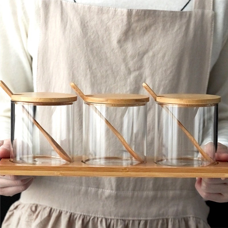 TEMPAT BUMBU KACA SET ISI 3 TOPLES DENGAN ALAS DAN PENUTUP KAYU / VINTAGE STORAGE JAR / SEASONING JA