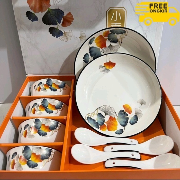 

✨LARIS✨ -Luxury Gift Mangkok Piring Keramik Ginkgo Set / Hampers Plate Bowl Set - Ginkgo 10 pcs