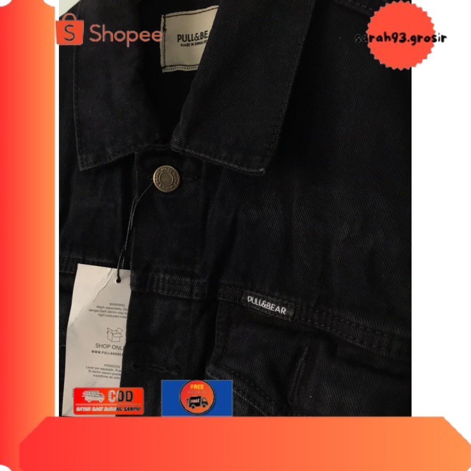 ✨BESTSELLER✨ -JAKET JEANS PRIA PULL&BEAR FULL BLACK JACKET DENIM PULL AND BEAR HITAM - M