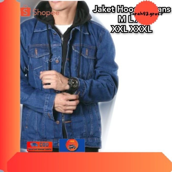 ✨BESTSELLER✨ -JAKET JEANS ARIEL NOAH HOODIE ARIL KOMBINASI JUMBO BIG SIZE XXL XXXL - Biru, M