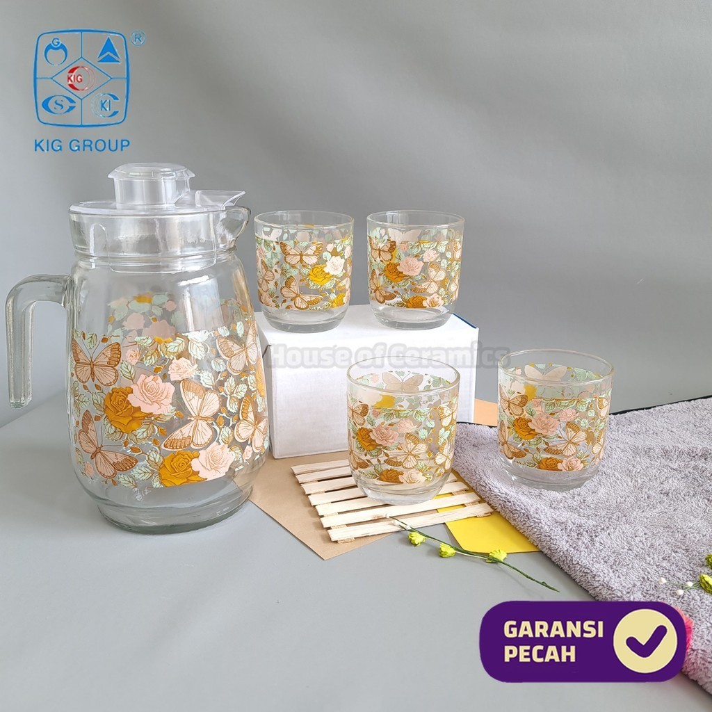 KIG  1 SET Drink Teko Cangkir Set KATERINA  Pitcher Set Beling Jug Drink Set 4 Gelas Gagang + 1 Teko