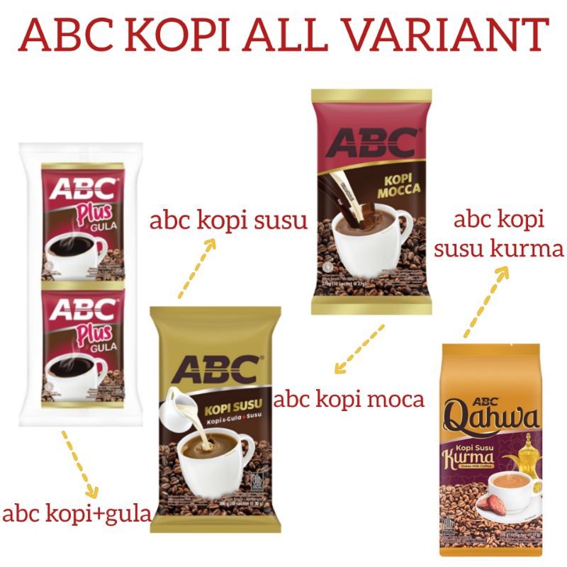 

Kopi Abc Kemasan Renceng isi 10pc Variant Kopi Kurma 27gr, Kopi Susu Moca 27gr, Kopi Susu 20gr, Abc Plus Gula 18gr