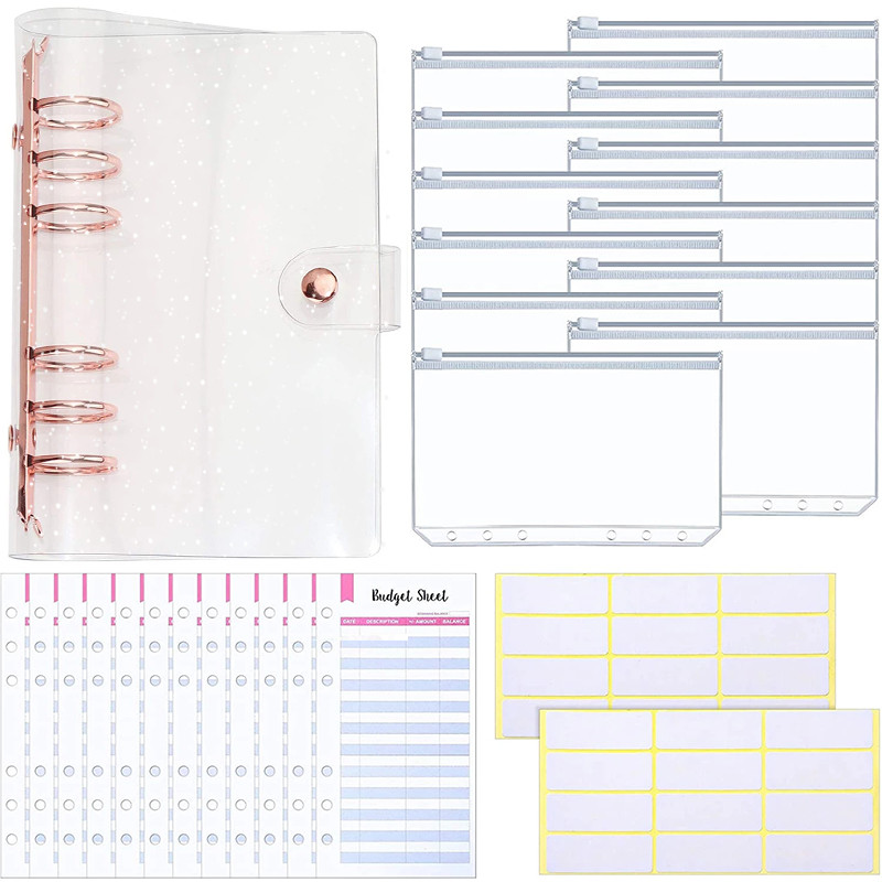 

27 Pieces 6-Ring Binder A6 Planner Notebook with 12 Pieces Binder Zipper Pockets and Budget Sheets for Personal Budget Planner