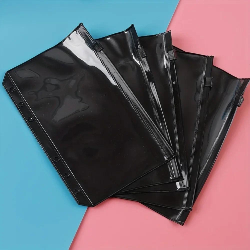 

5PCS A6 Black File Holder Notebook 6 Hole Loose Leaf DIY Document Bag Binder Rings PVC Storage Binding Folder School Supplies