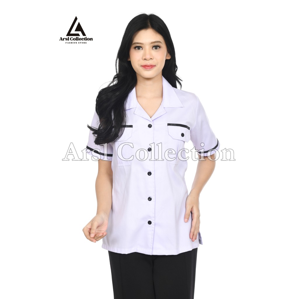 Atasan PDH Wanita – Baju Kemeja  Dinas Putih List Hitam,Polos  Formal & Nyaman