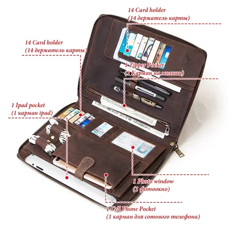 

100% Genuine Leather Portfolio For Pro Retro Portable Business Journal Document A4 Cover Bag Men Multifunction Briefcase