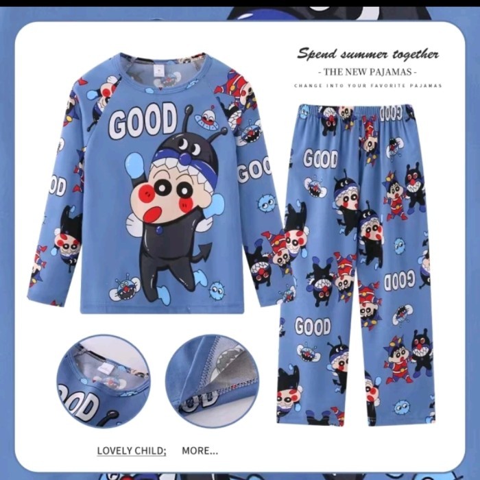 Piyama crayon shinchan anak baju tidur anak crayon shinchan lucu piyama anak laki laki import - Biru
