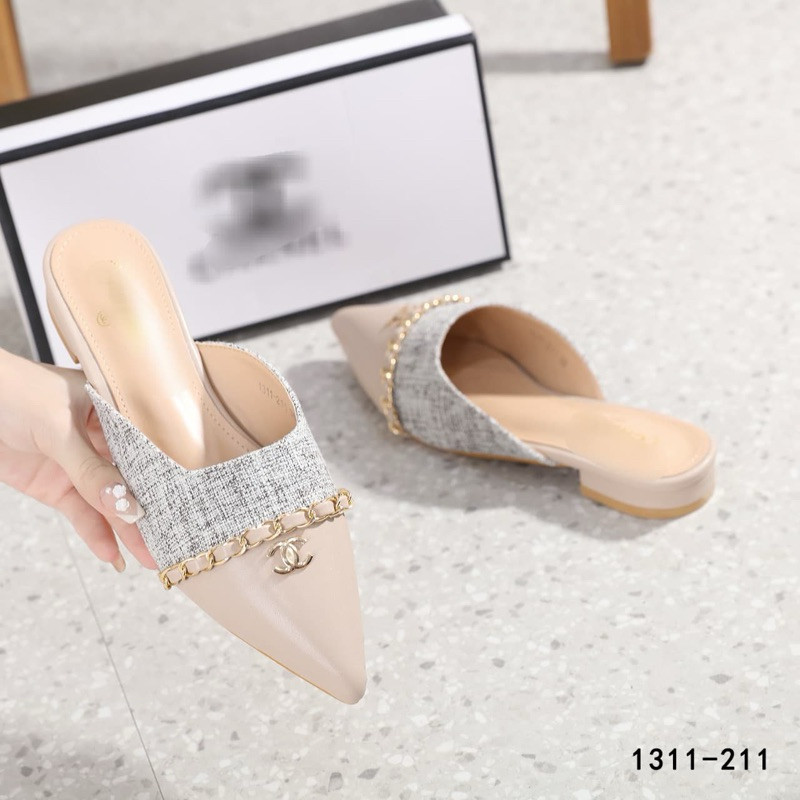 (LUNACHIC) Sepatu Wanita Mules Slip on Flat Shoes Bahan Kanvas AB1311-211