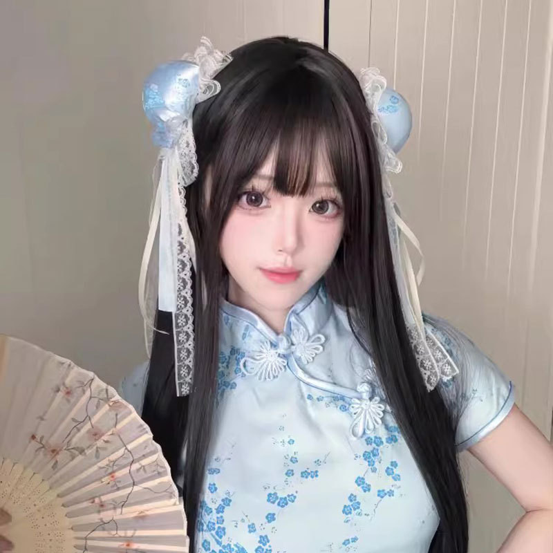 Chinese Style Cheongsam Headdress Chun-Li Cosplay Hair Bun Clip Kawaii Lolita Lace Bow Ruffle Tassel