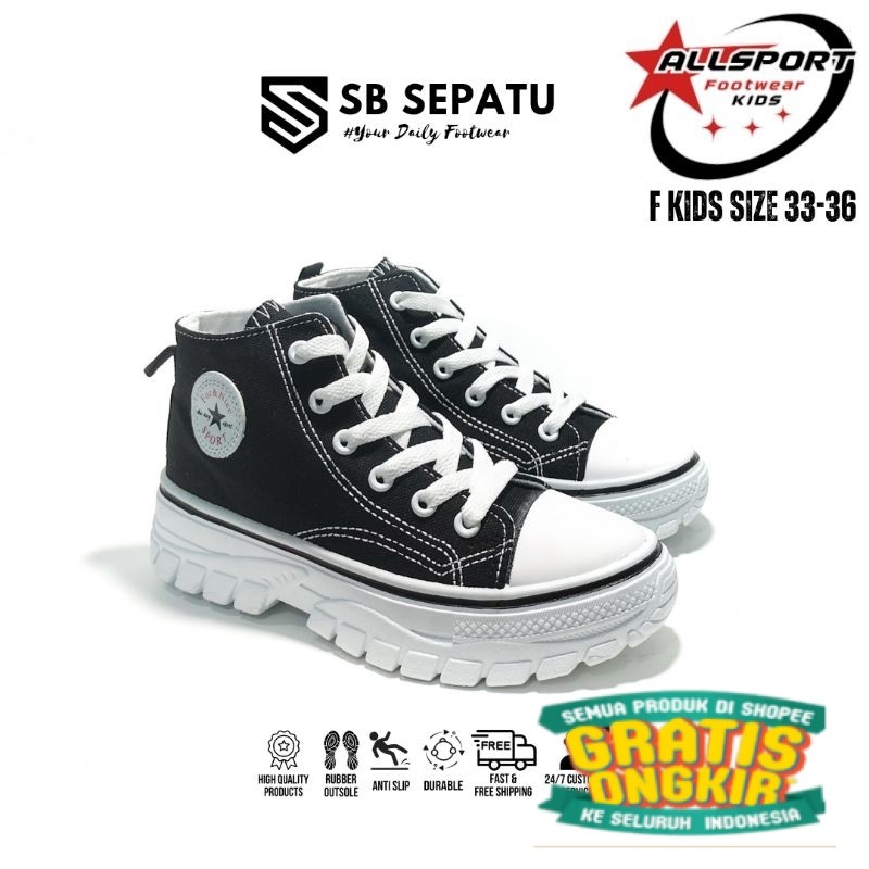 SNEAKERS FOR & NICE SPORT KIDS' WOMEN BLACK || SEPATU CEWEK HITAM TINGGI ELASTIS IMPORT || SEPATU SE