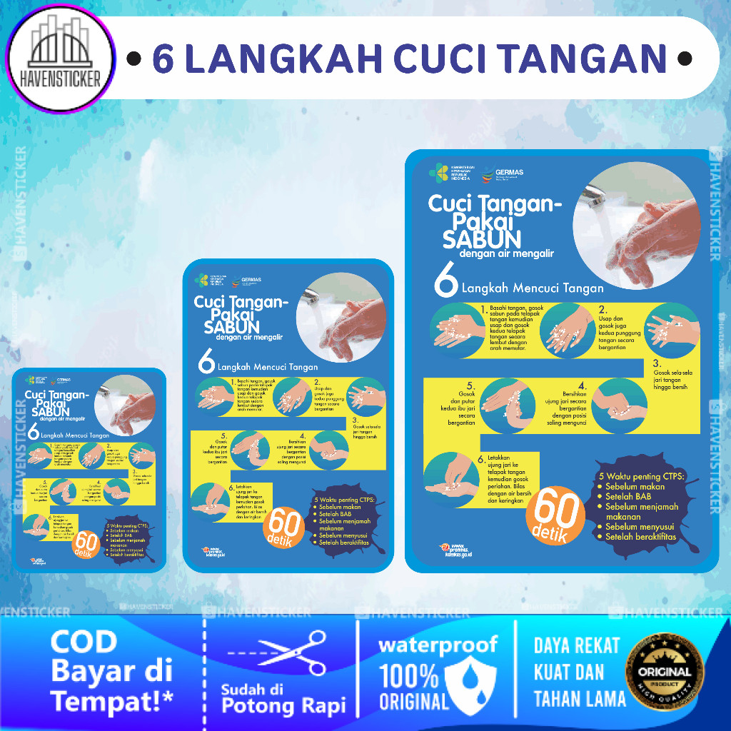

Stiker Vinyl Anti Air 6 Langkah Cuci Tangan Kemkes Laminasi Glossy
