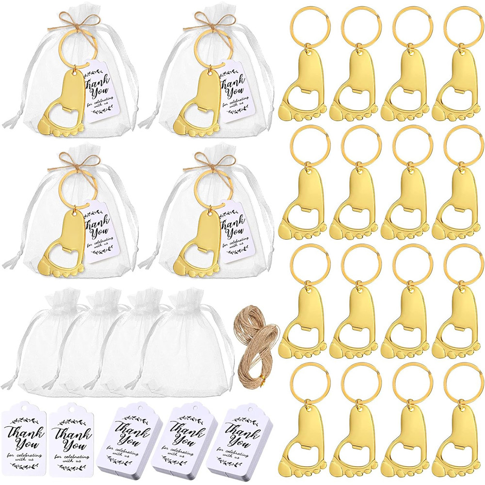 

10 set baby shower gift set small foot bottle opener keychain souvenir with hard gauze bag thank you label themed party gift