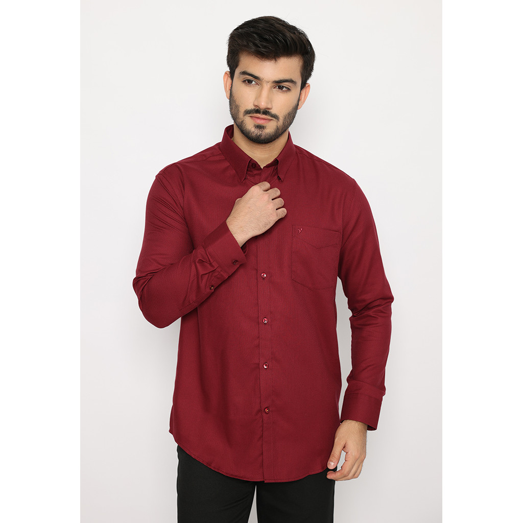 Jobb Brioni Kemeja Pria Lengan Panjang Regular Fit Maroon 3