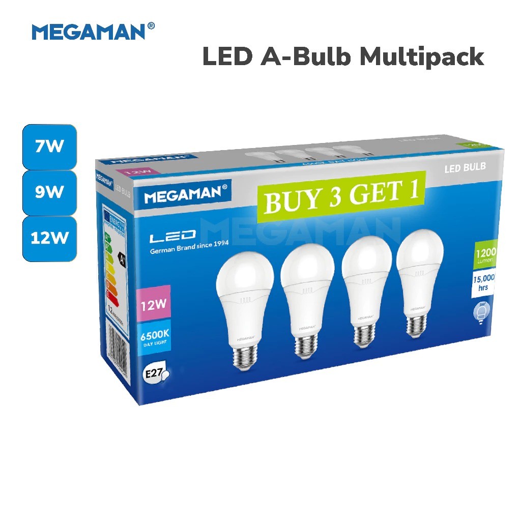 Lampu LED A-Bulb Multipack MEGAMAN 7W/9W/12W E27 4PK 170-240V 6500K/Putih